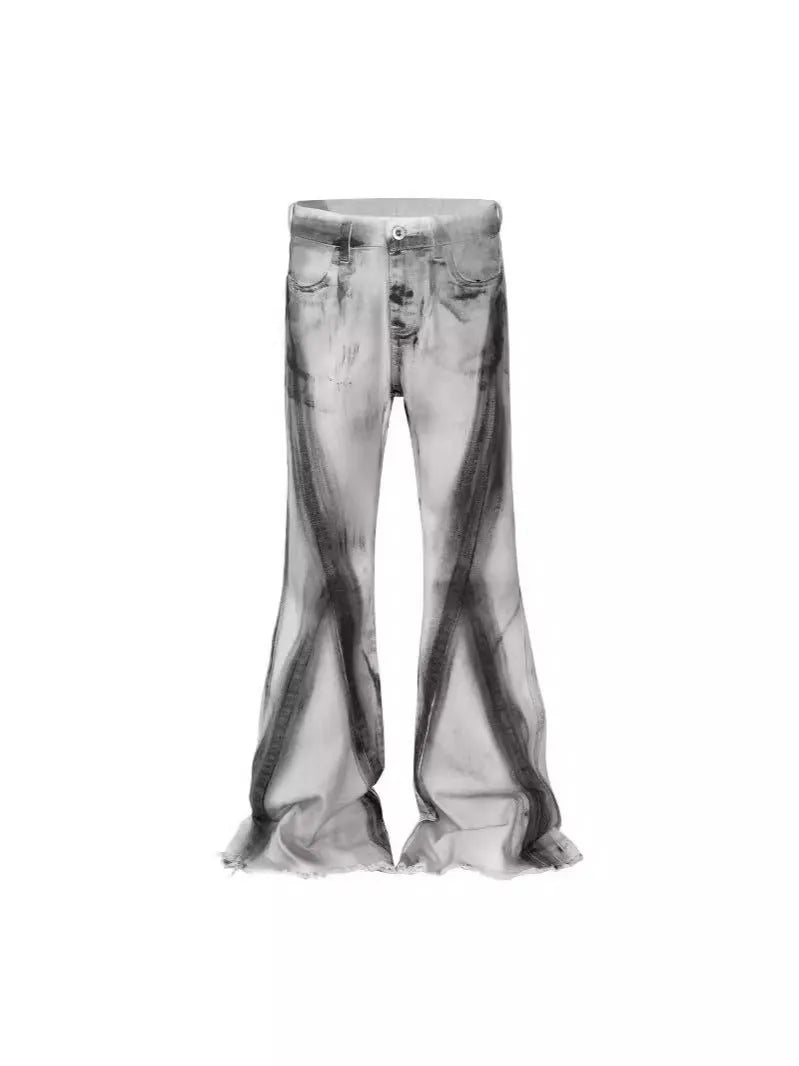 White American street retro heavy rough selvedge jeans with black ribbon gradient detailing and mid waist cut