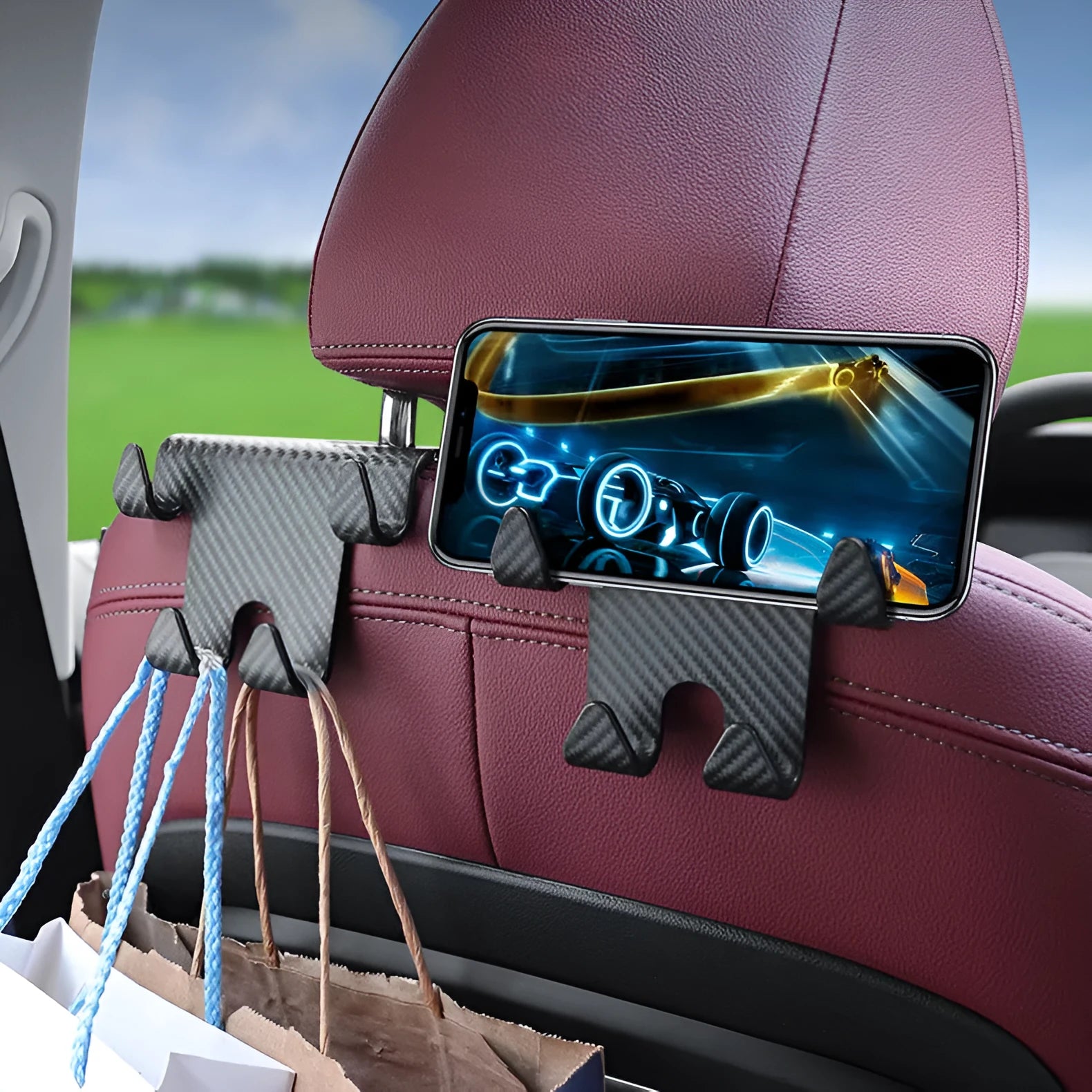 Black car multifunction hook and mobile phone holder bracket for rear seat installation