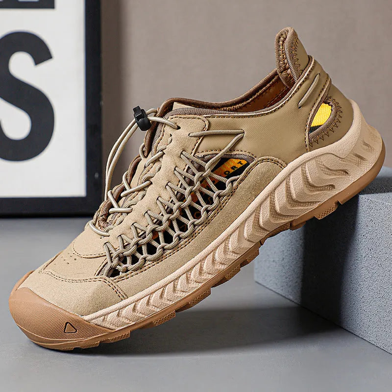 Men's hand-woven closed-toe sandals in light grey with a rubber sole and elastic band.