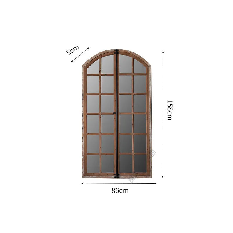 Terrace style distressed fake window wall mirror with wooden frame and glass panel in log colour
