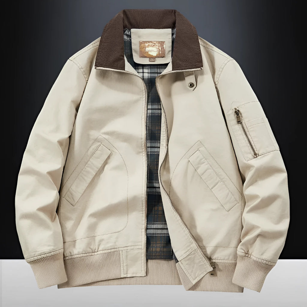 Men's plus size washed cotton baseball flight jacket in camel colour