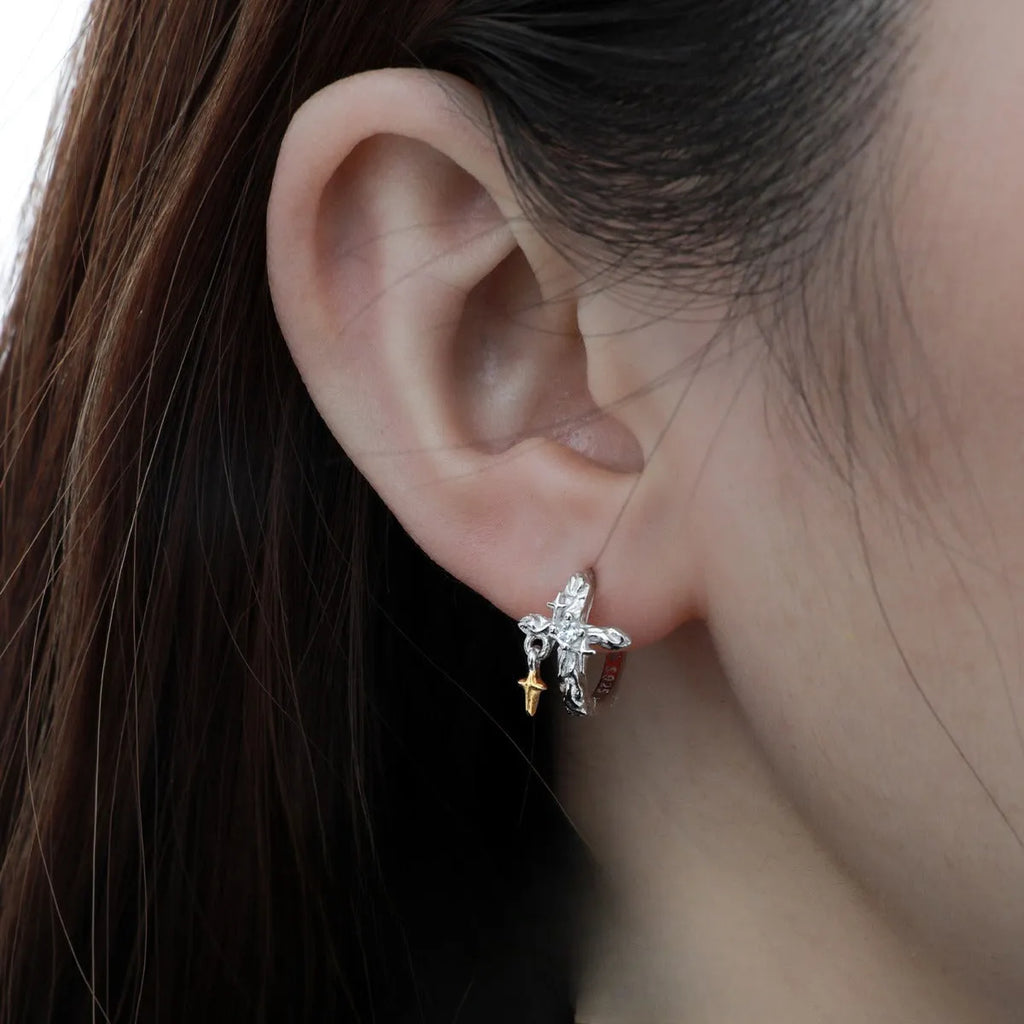 925 sterling silver geometric cross earrings with circular elements in white gold colour finish