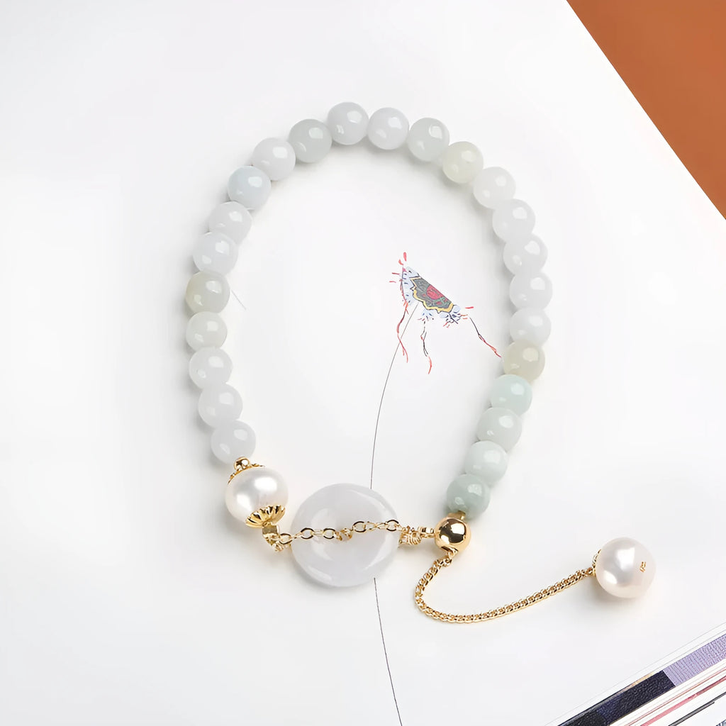 Natural jade peace buckle pearl bracelet for women with round pendant on pearl string