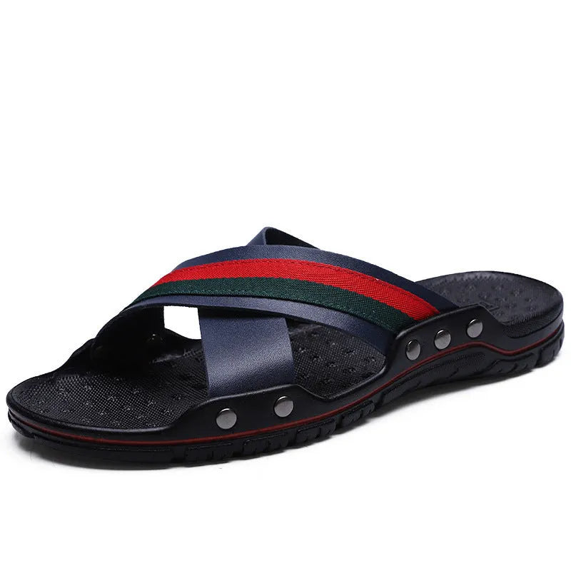 Men's white cowhide leather flip-flop sandals with a PU sole, shown from a side angle.
