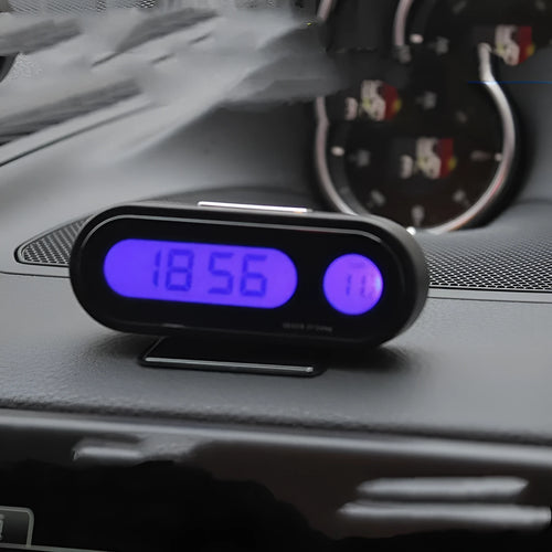 Black car electronic clock and thermometer with LED display on adjustable dashboard bracket