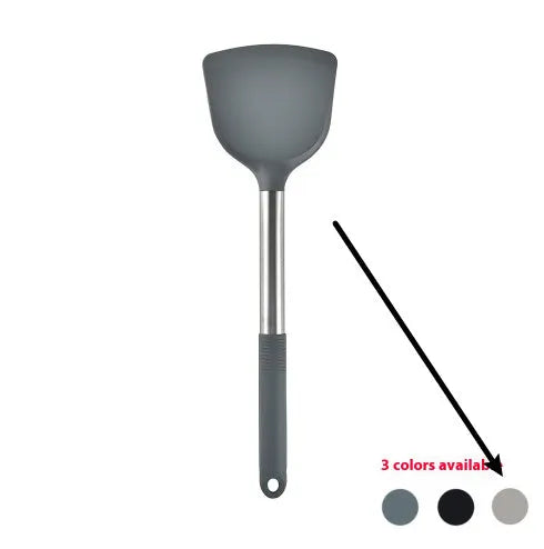 Black silicone 12-piece kitchen utensil set with rotating storage bucket including ladle, spatula, and food clip.