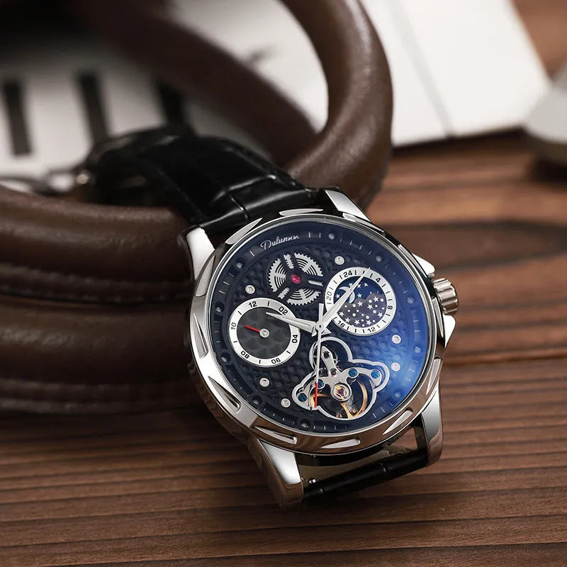 Men's automatic watch with luminous hands in steel case with leather strap option