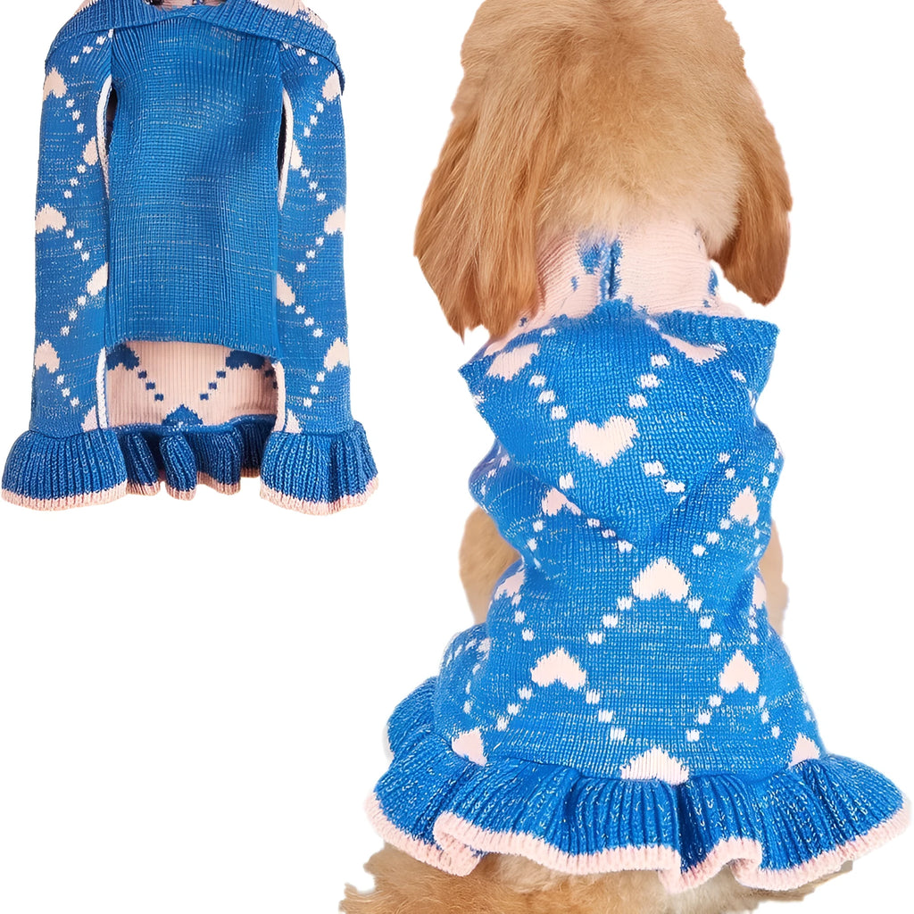 Small dog wearing blue knit sweater hoodie dress with heart motif on front
