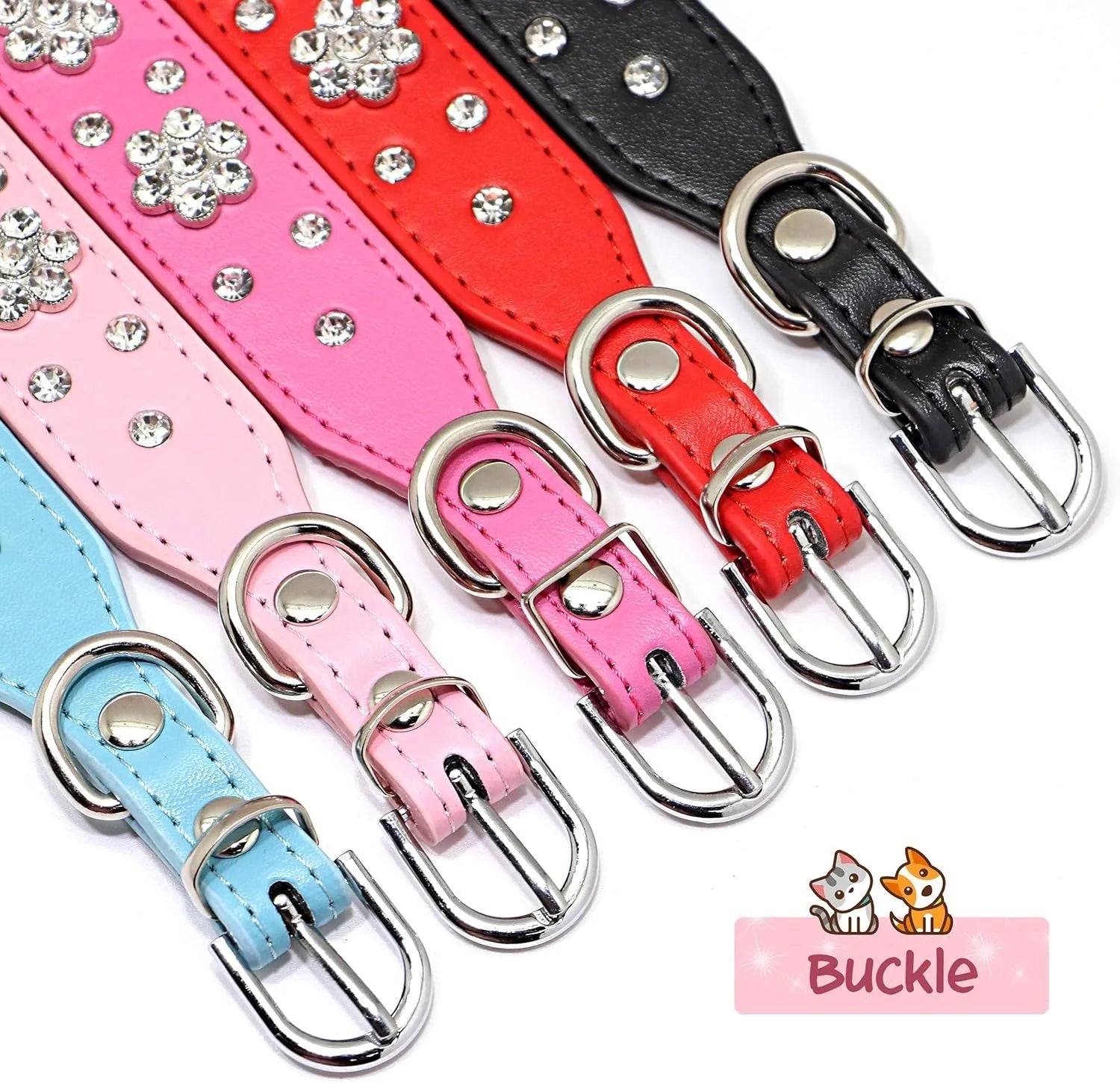 Close-up of a pink PU leather dog collar with silver rhinestone flowers and studs, showing the metal D-ring.
