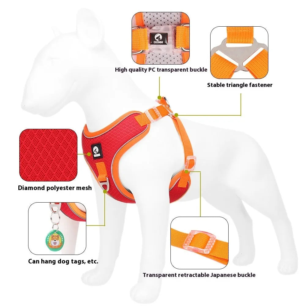 Adjustable breathable mesh dog harness with reflective piping in four colour options