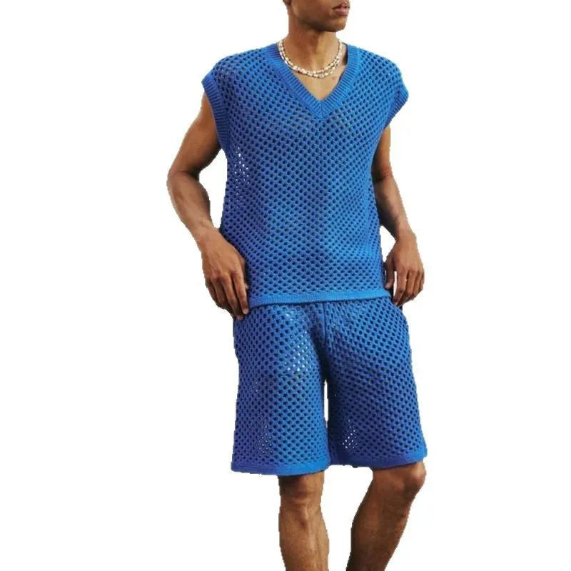 Men's sleeveless V-neck vest and shorts set in blue, black, white or khaki for summer sports