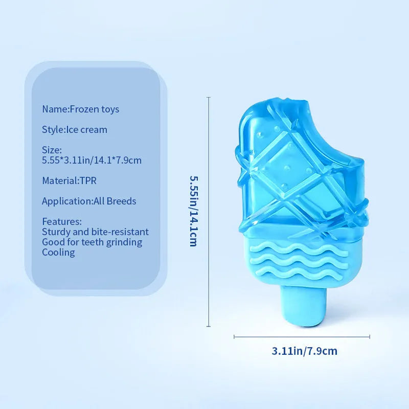 Set of three water-filled ice dog toys: a pacifier, a popsicle, and a ring cooling chew toy