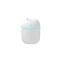 Mini round desktop and car humidifier with USB cable in ivory white, sky blue, or pink.