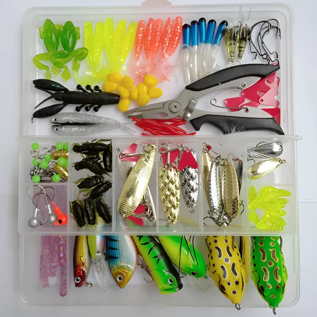 142-piece fishing lure set showing hard minnow lures with sequins, various baits, and fishing pliers in tackle box