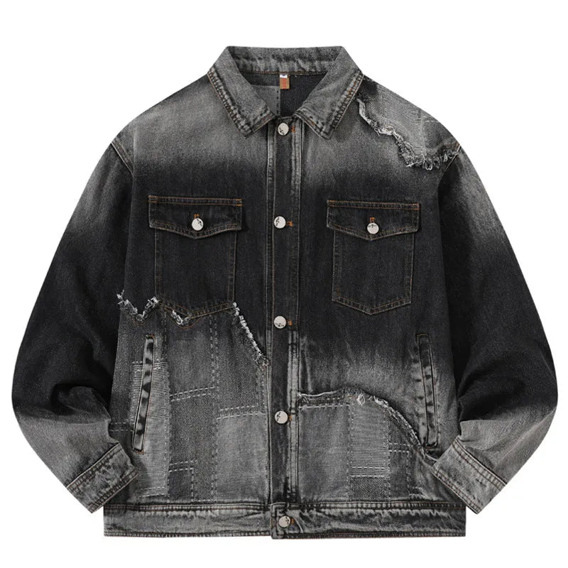 American retro high street washed destroyed denim jacket in black with side seam pockets