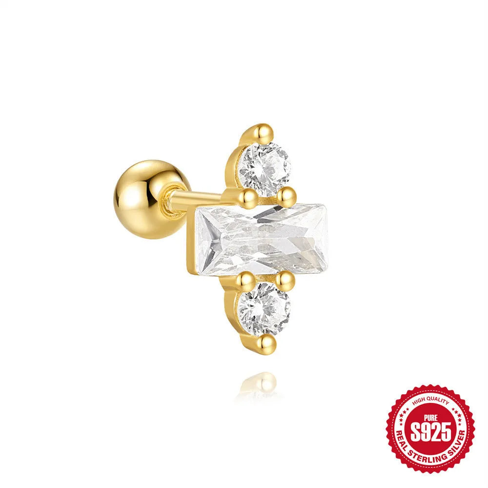 S925 sterling silver square gravel stud earrings with red flower design in golden electroplated finish