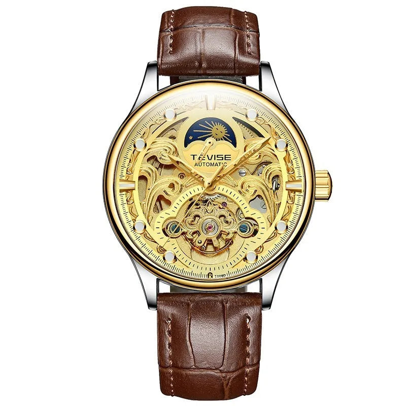 Men's gold leather strap automatic mechanical watch with 16mm waterproof case