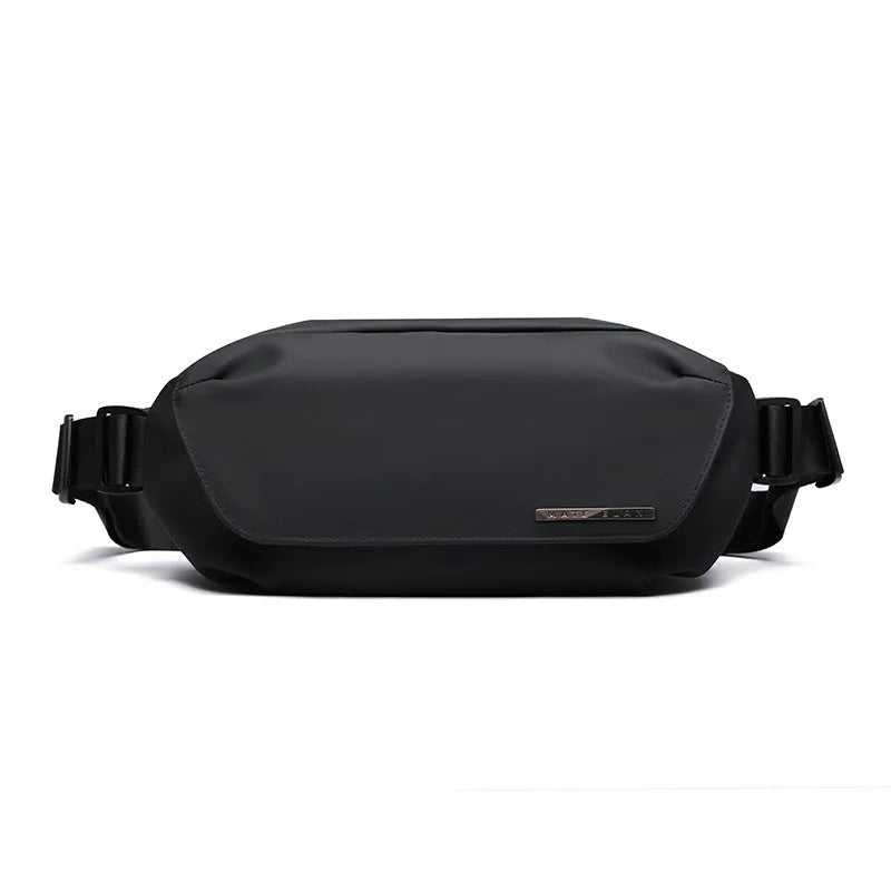 Black Oxford cloth messenger bag with one-shoulder riding design and street-style details