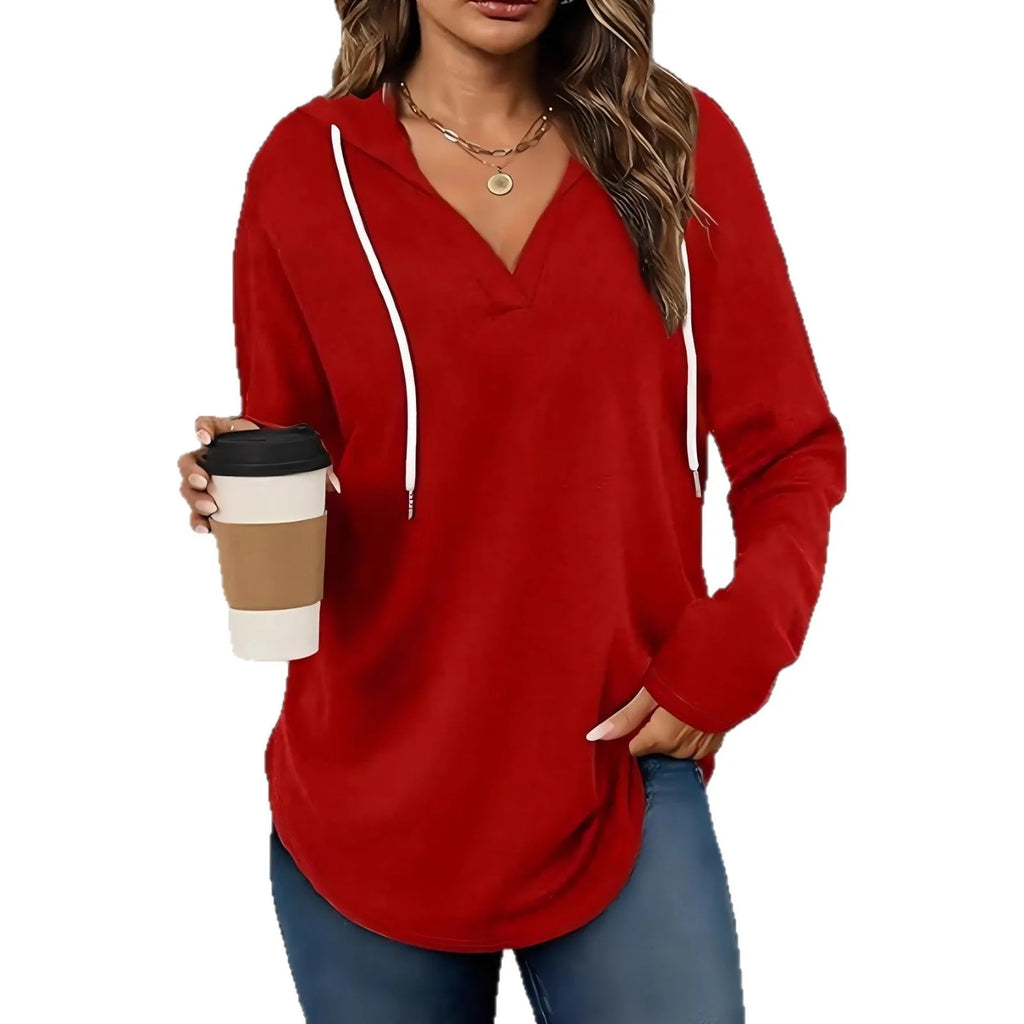Women's loose-fit black V-neck hooded sweatshirt with long sleeves