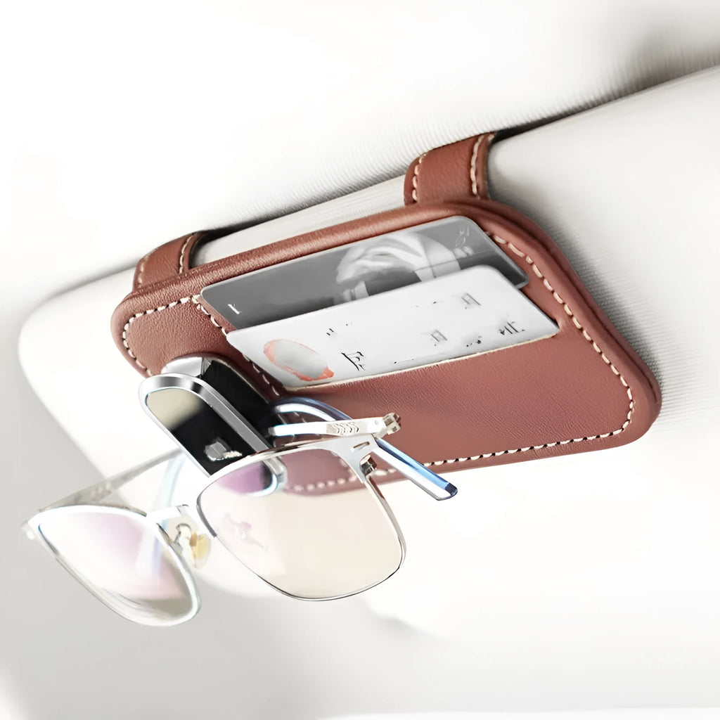Cowhide leather car sun visor card holder with glasses clip in choice of five colours.