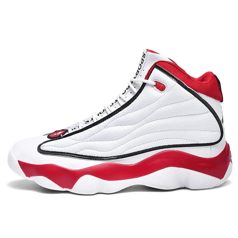 High-top basketball shoes with thick rubber soles and mesh upper in AJ13 colour options