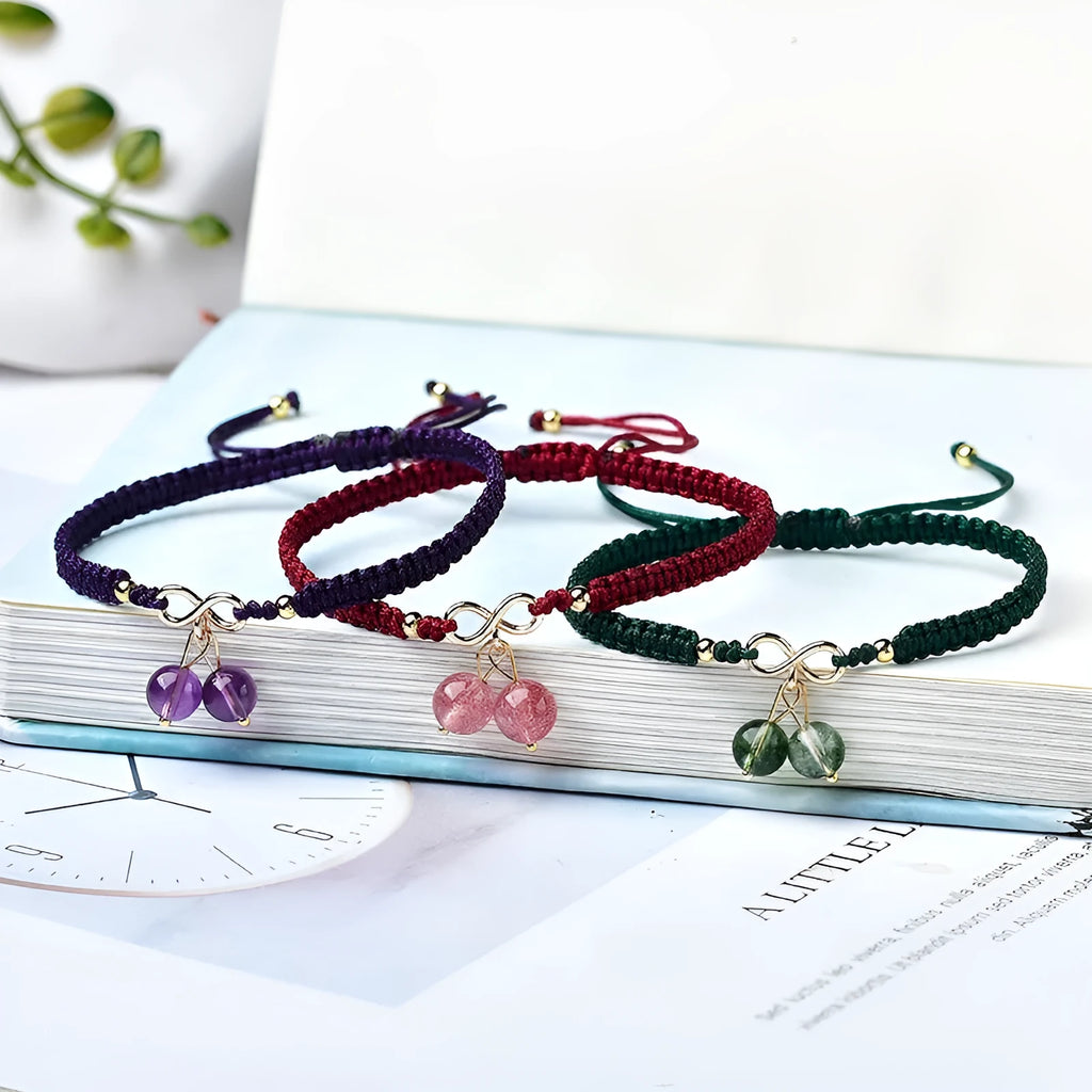 Natural Strawberry Quartz cherry bracelet for women with fruit-shaped beads on a stretch elastic band.