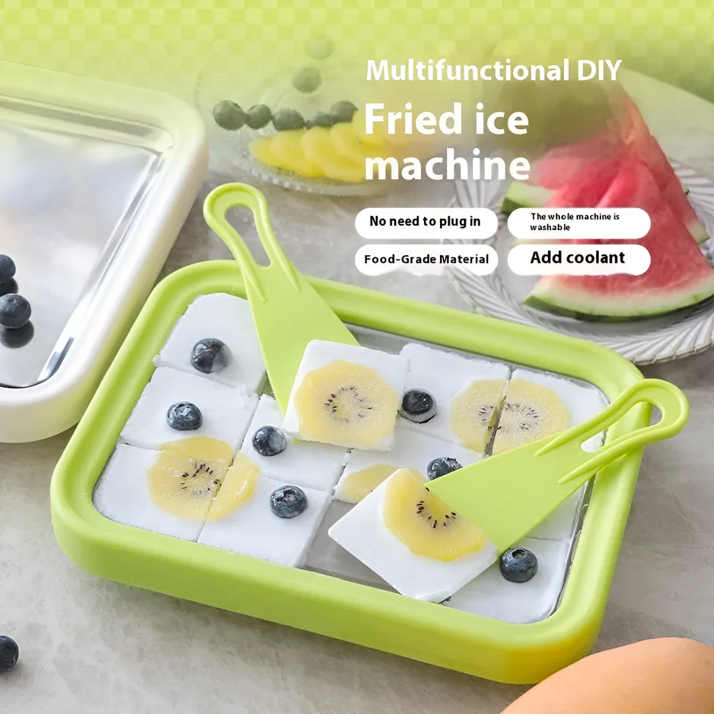 Children's DIY fried yogurt machine in green, pink, white, or rose red, showing compact size.