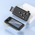 Black or white solar power bank with built-in panel showing capacity options of 20000mAh and 30000mAh.