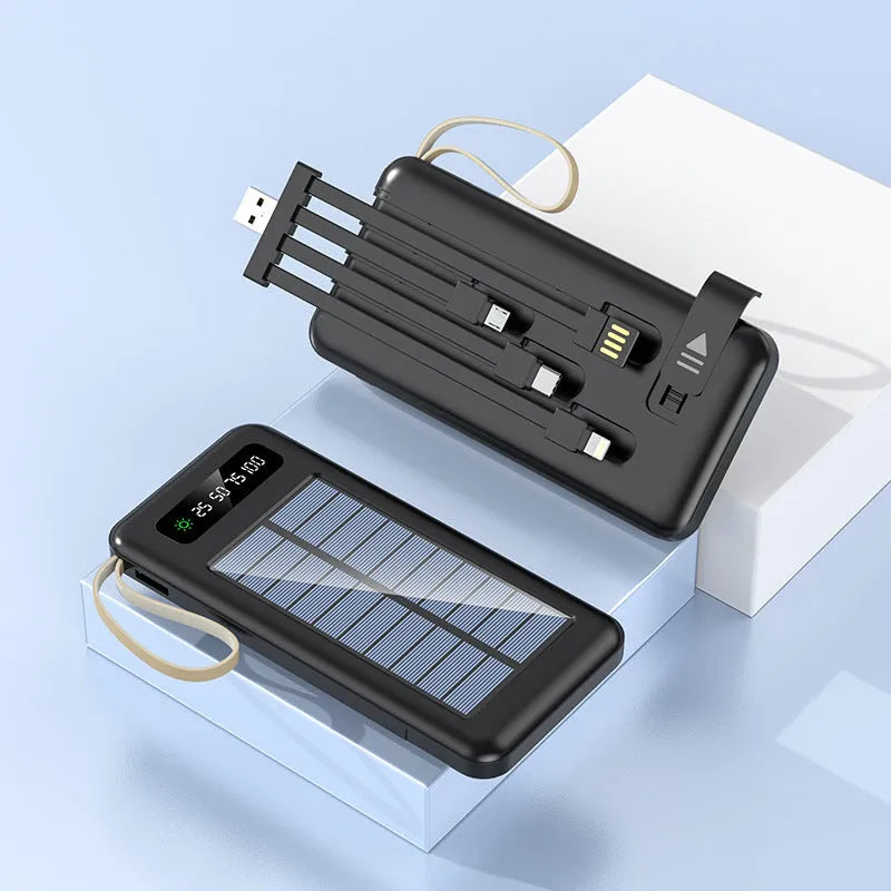 Black or white solar power bank with built-in panel showing capacity options of 20000mAh and 30000mAh.