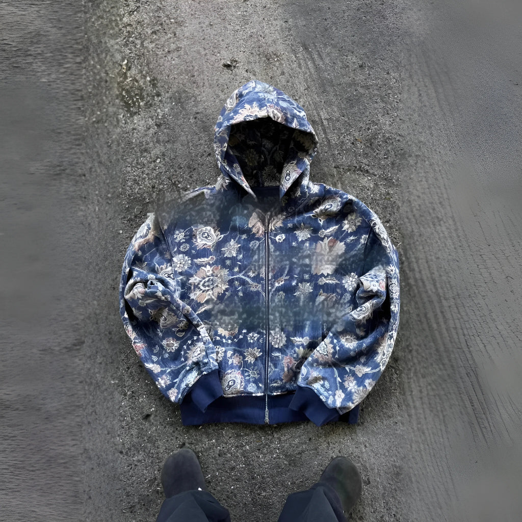 Red or blue digital print men's hooded zip coat with loose fit design and long sleeves