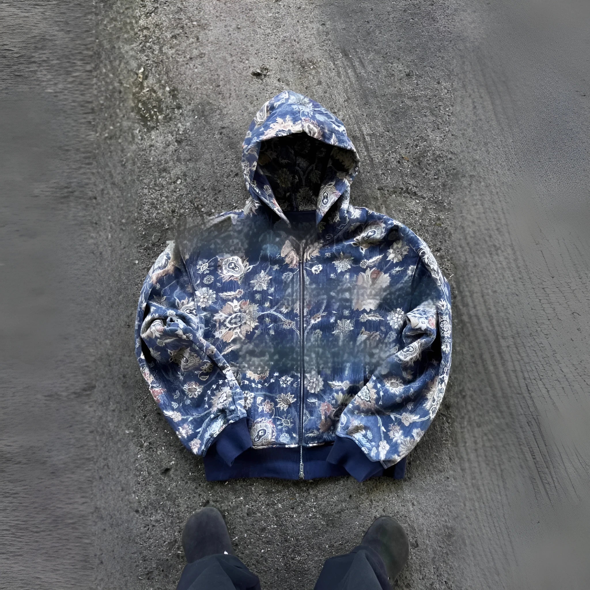 Red or blue digital print men's hooded zip coat with loose fit design and long sleeves