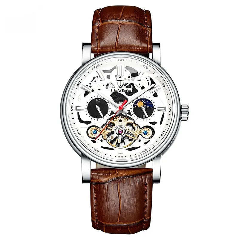 Men's black mechanical wristwatch with tourbillon detail and luminous hands on a leather strap.
