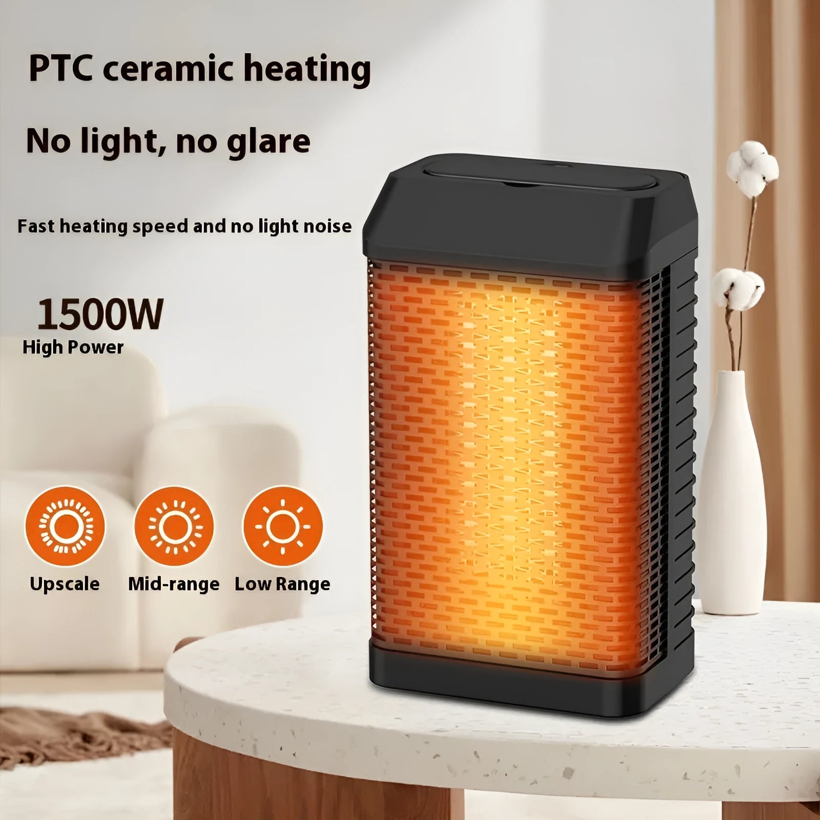 Black remote control desktop electric heater with compact design, showing control knob and air vents.