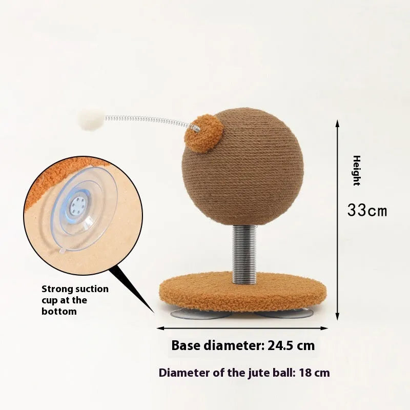 Cat scratch board with hemp rope surface, shown with either a grasping ball or tumbler toy.