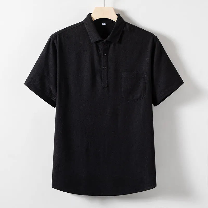 Men's loose fit short sleeve linen blend t-shirt in solid colour with lapels