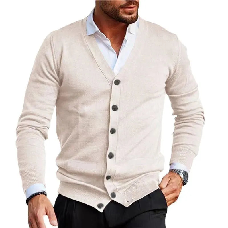 Men's slim fit acrylic cardigan sweater in a choice of seven colours including beige, black, grey, wine red, and green.