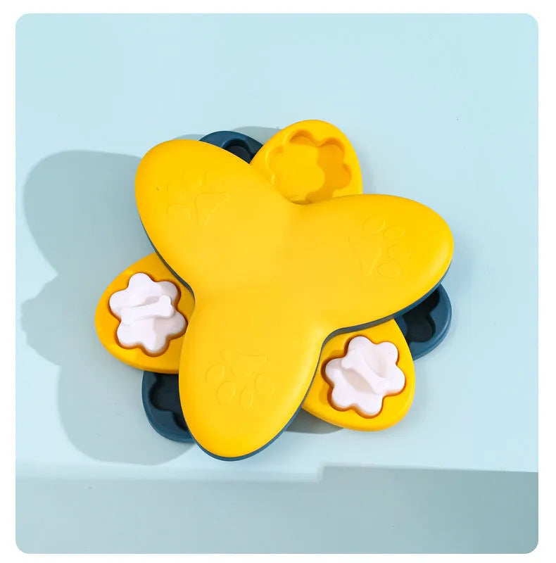 Green and yellow dog puzzle toy slow feeder with 9 compartments and bone-shaped covers