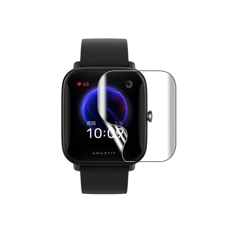 Amazfit Bip smartwatch with full screen TPU hydrogel protector showing anti-scratch properties