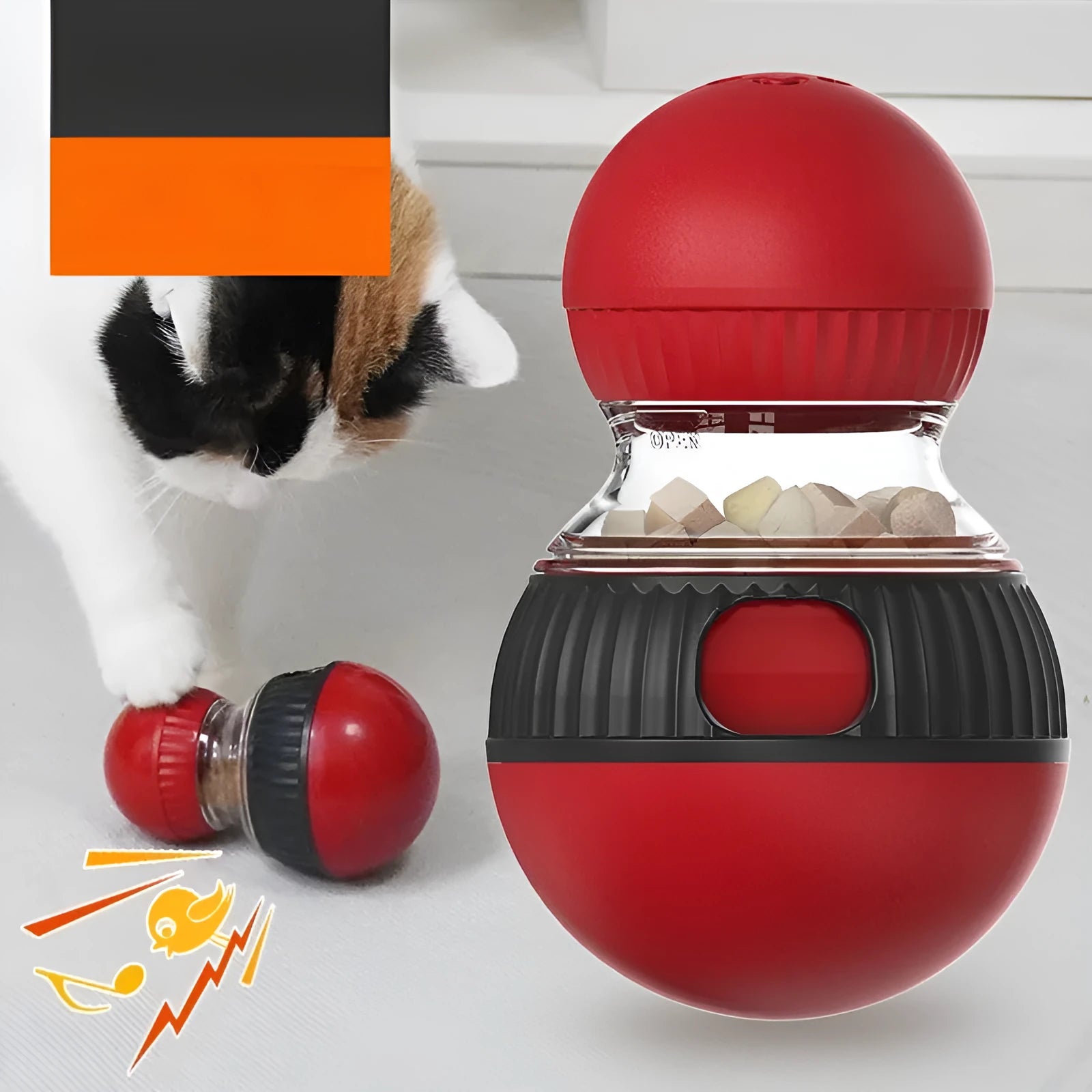 Rotating plastic cat toy with super ball colour design measuring 155mm by 87.5mm