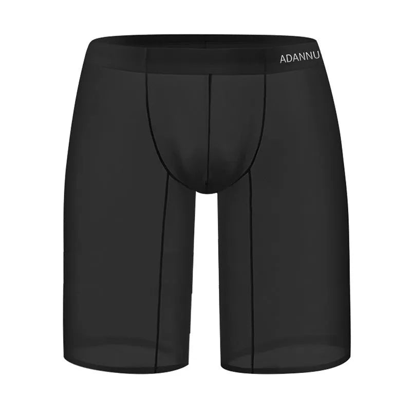 Man wearing black seamless knitted nylon mesh shorts with a hip lifting design.