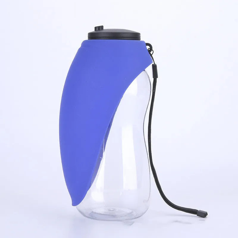 Blue portable pet water bottle with fold-out drinking bowl and carabiner clip for outdoor use
