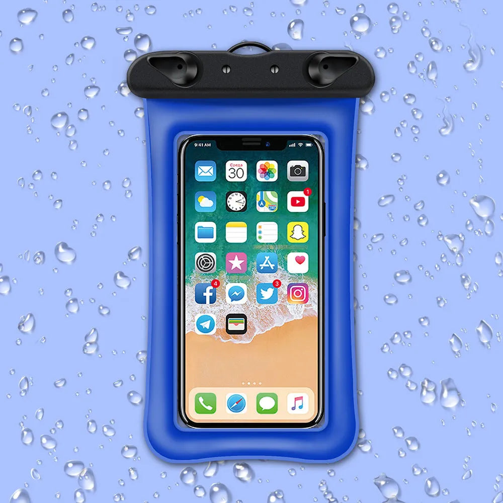 Orange waterproof phone pouch with clear window and black neck rope on a blue background.