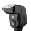 Compact SLR camera flash accessory with 90-degree tilt capability showing front view and side dimensions
