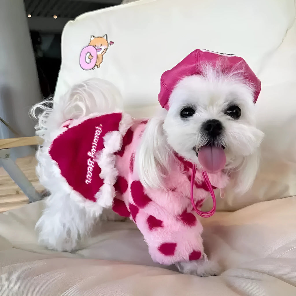 Plush polyester warm coat for small dogs in British style, available in pink or brown colours