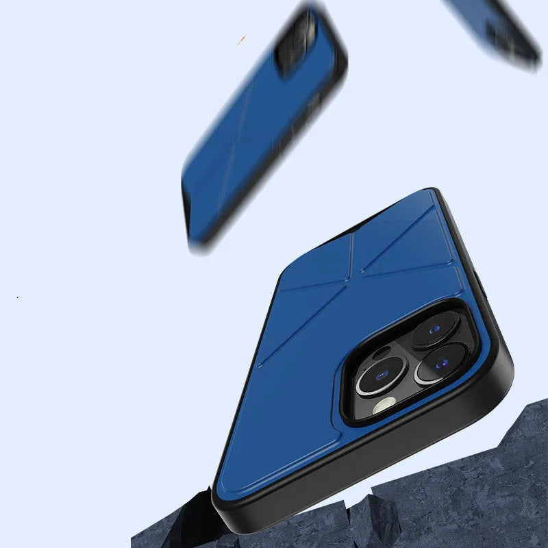 iPhone 13 clear stand case with folded-out phone holder in blue colour