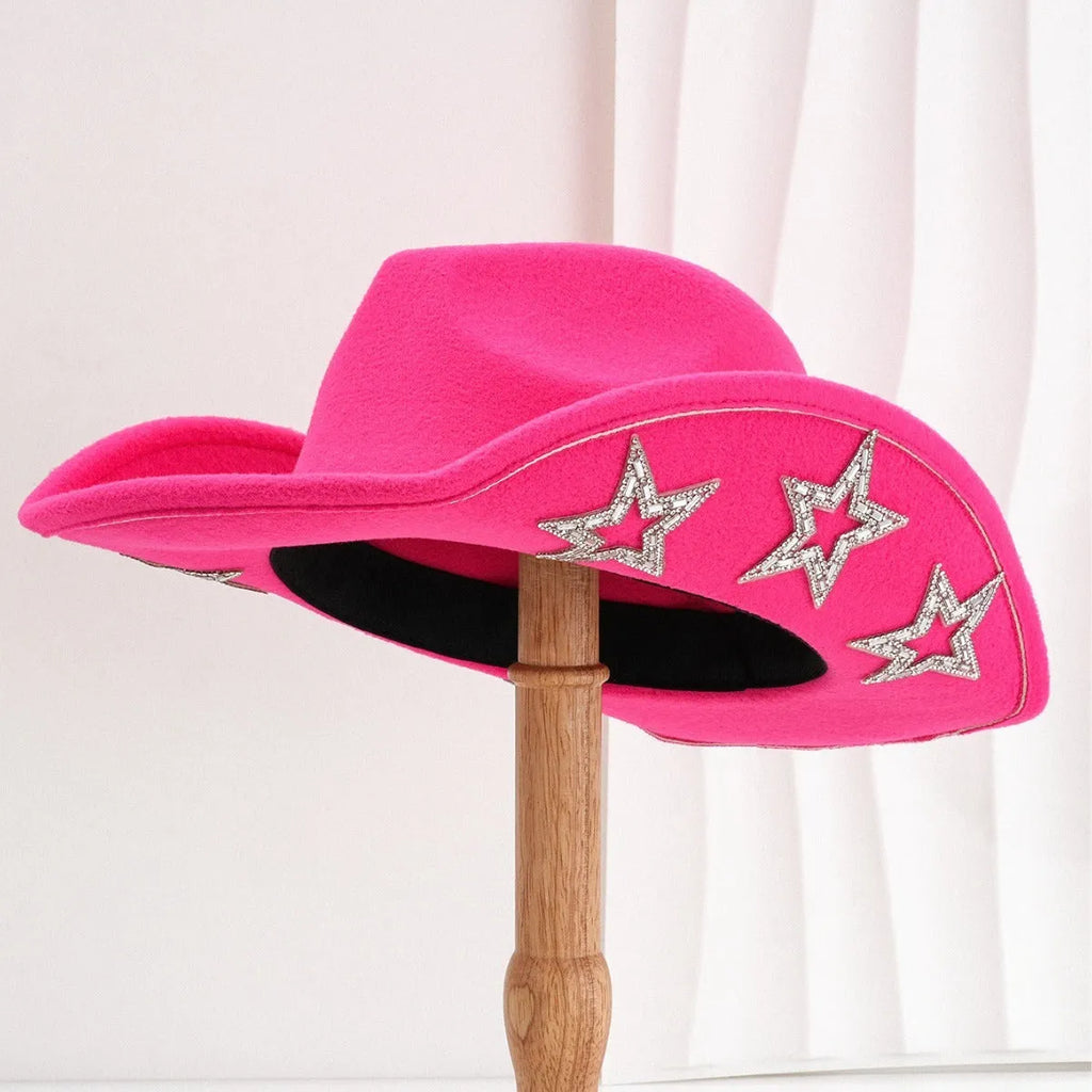 Brown polyester western-style top hat with a conical crown and a silver hexagonal star decoration on the front.