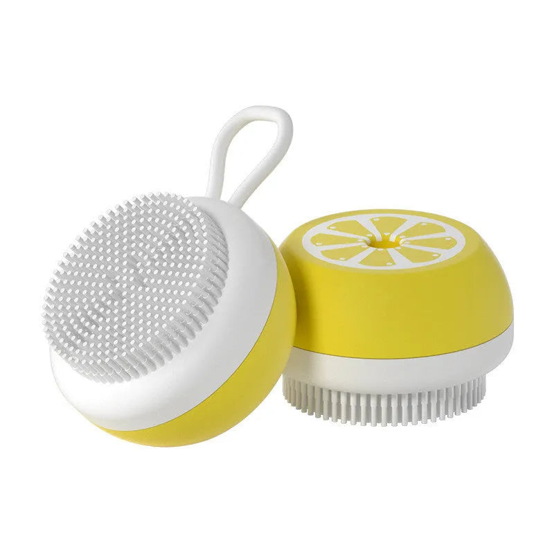 Yellow silicone pet bath brush with massage head and comb functions for dog grooming