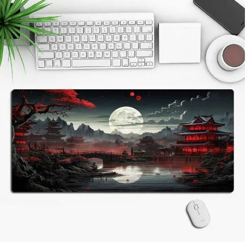 Hot anime series gaming mouse pad with colourful graphic, shown on a desk with a mouse.