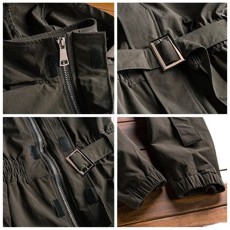 Men's hooded workwear jumpsuit in army green with ankle-tied cuffs and conventional sleeves