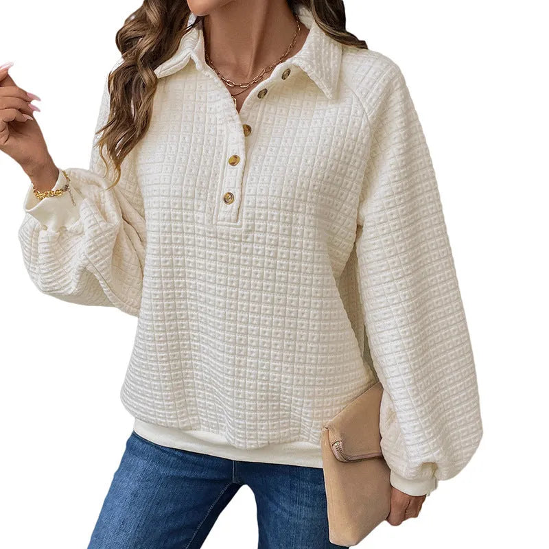 Women's solid colour thick sweater with a textured polo collar, shown in milky white.
